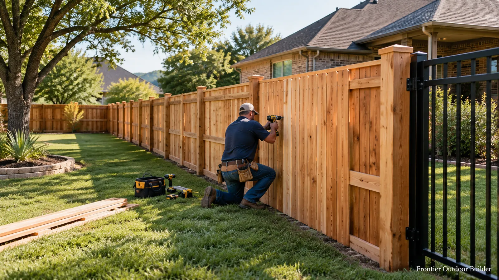 Installer fastening cedar pickets to a new wood fence in a landscaped suburban backyard