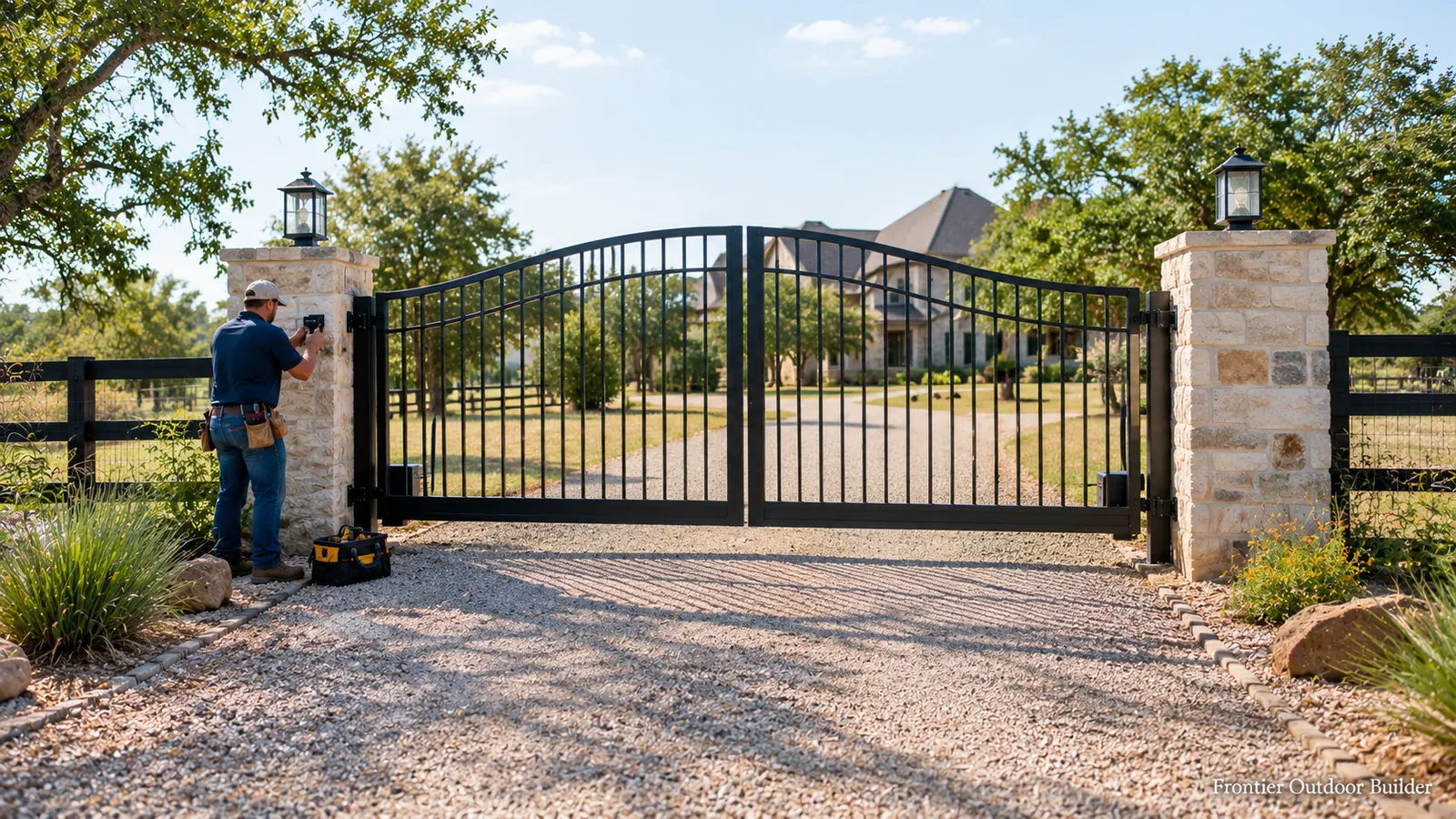 Technician programming the keypad beside a black iron driveway gate with stone pillars