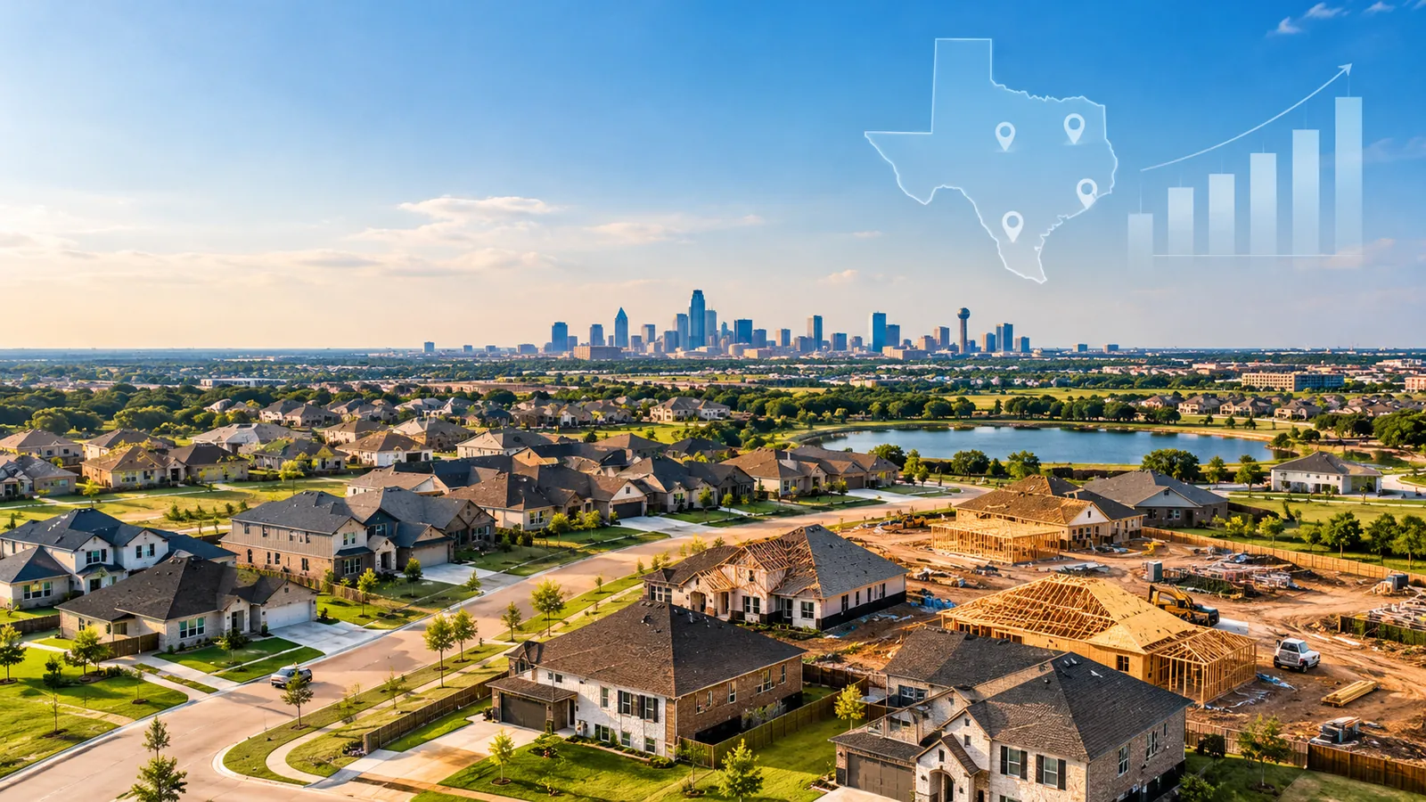 Aerial view of a growing Texas suburban housing development with newly built homes, active construction sites, and a distant city skyline.